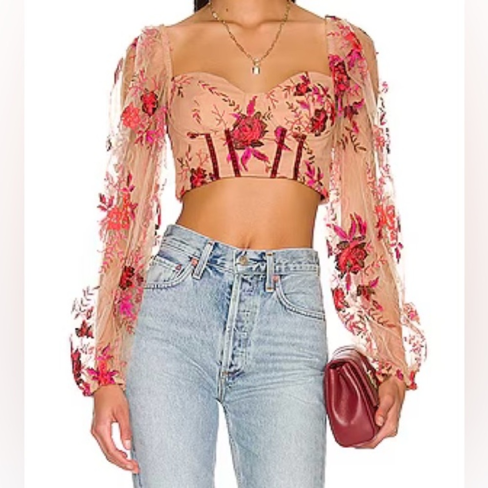 Majorelle Cassia Crop Top Floral Mesh Long-Sleeve in Nude